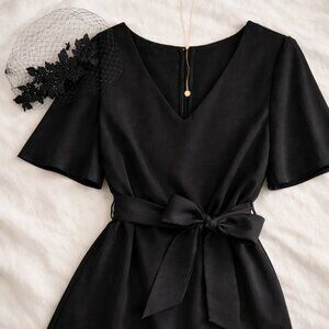 Black Sculpted Fishtail Midi Dress • Thick Structured Fabric • Tie Waist